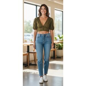 Zara Olive Green Floral Jacquard V-Neck Puff Sleeve Crop‎ Top Small
